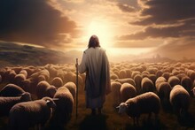 Poignant Depiction Of Shepherd Jesus Christ, Compassionately Leading A Flock Of Sheep Through A Sunlit Field, His Devout Prayer Reaching Out To God In The Radiant Warmth Of The Sunlight. Generative AI