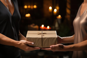 Wall Mural - Season of Love and Thoughtfulness. Couple Hands Holding Elegant and Artisanal Christmas Gifts in a Large Cardboard Box. Festive Spirit AI Generative.
