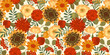 Floral seamless pattern with autumn flowers, leaves and apples. Vector background for various surface.