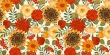 Floral Seamless Pattern With Autumn Flowers, Leaves And Apples. Vector Background For Various Surface.