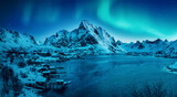 Fototapeta Na ścianę - Wonderful snowy winter in Norway. Beautiful night with aurora borealis, in amazing winter landscape of the Lofoten Islands. Snow-covered riverbed and mountains under Northern lights. Creative image.