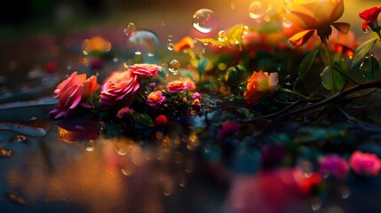 Wall Mural - Colorful of rose flower with water drops and bokeh background