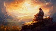 Jesus Christ. Prayer On The Mountain. Painting Illustration, Generative Ai.