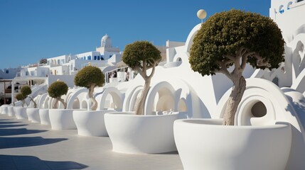 Sticker - A row of white planters with trees in them. Generative AI image.