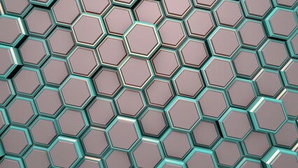 Poster - Abstract background or screensaver of gray and turquoise hexagons. Rendering illustration.