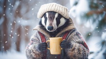 A Cute Badger With A Knitted Hat And Sweater Drinks Cocoa In The Winter Forest.Generative AI