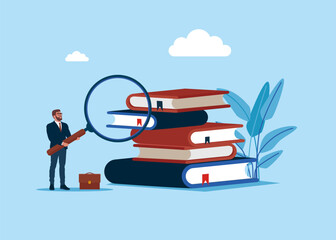 Businessman with magnifying glass and stack of colorful books.  Education, reading, knowledge and search concept. Read to Know. Vector illustration