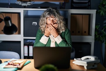 Sticker - Middle age woman working at night using computer laptop shocked covering mouth with hands for mistake. secret concept.