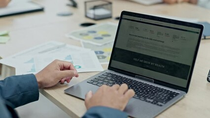 Poster - Businessman, hands and laptop on website in research for stock market, financial growth or marketing on office desk. Man working on computer for online search, finance or investment plan at workplace