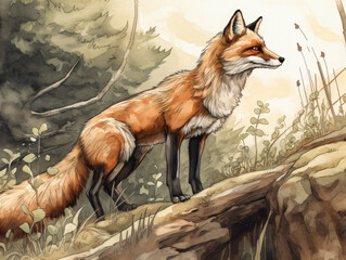 Wall Mural - watercolor of a fox standing on a rock generative ai