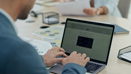 Poster - Businessman, hands and laptop on website for stock market research, browsing or financial growth at office. Man, employee or trader typing on computer in finance and marketing for online investment