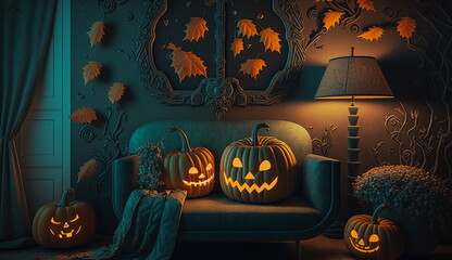 Wall Mural - Conceptual wallpaper for halloween with pumpkins with glowing faces sitting on the couch.Generative AI
