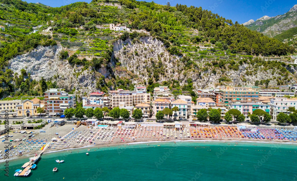 Amazing aerial view of Maiori and Minori along Amalfi Coast in summer ...