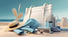 Stylish Beach Bag With Accessories And Tropical Beach In The Background, Summer Vacations Concept. Created With Generative AI Technology.