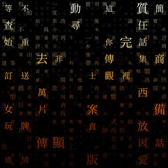 Poster - Digital letters cover. Random Characters of Chinese Traditional Alphabet. Gradient matrix pattern. Yellow, orange, brown color theme backgrounds. Tileable horizontally. Awesome vector illustration.