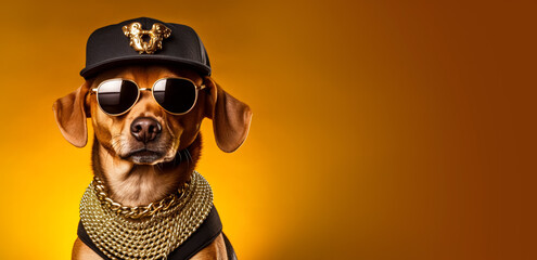 funny dog posing as hip hop or rap superstar - baseball cap, dark sunglasses, golden chain. wide ban