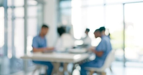 Aufkleber - Meeting, healthcare and doctors in blurred background for teamwork, collaboration and hospital workflow. Documents, planning and medical group of people and nurses in office or workplace for research