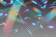 Holographic falling confetti isolated on transparent background. Rainbow iridescent overlay texture. Vector festive foil hologram tinsel with bokeh light effect and glare glitter