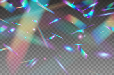 Wall Mural - Holographic falling confetti isolated on transparent background. Rainbow iridescent overlay texture. Vector festive foil hologram tinsel with bokeh light effect and glare glitter