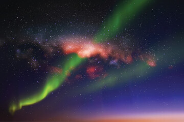 Poster - night starry sky. milky way and northern lights. green aurora borealis