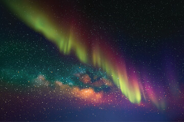 Poster - night starry sky. milky way and polar lights. purple aurora borealis