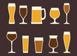 Beer glasses and mugs set. Alcoholic beverage menu collection set. Labeled visualization with various glasses styles for lager, pilsner, ale, dunkel and porter drinks. Icons vector illustration