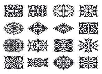 Wall Mural - Set of 16 islamic black ornaments on background in vector. Asian new year gold decorative traditional oriental symbols. Circular ornamental arabic symbols. Abstract Asian elements of the Kazakhs