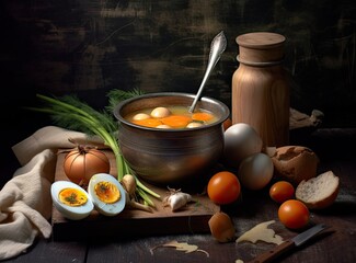 Wall Mural - Fresh fish soup in bowl on black background, top view. Created with Generative AI technology.