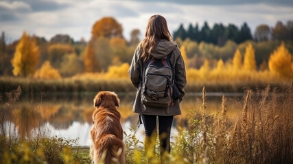 Wall Mural - A girl walks with her dog through a sunlit autumn forest.