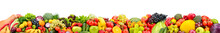 Wide Collage Of Fresh Fruits And Vegetables For Layout Isolated On White Background.