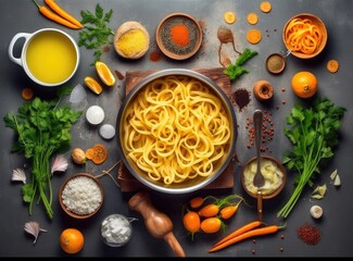 Wall Mural - Fresh fish soup in bowl on black background, top view. Created with Generative AI technology.