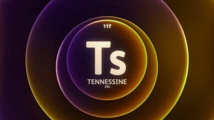 Canvas Print - Tennessine as Element 117 of the Periodic Table. Concept illustration on abstract orange purple gradient rings seamless loop background. Title design for science content and infographic showcase displ