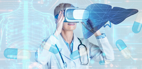 Aufkleber - Woman doctor using virtual reality headset to study patient liver