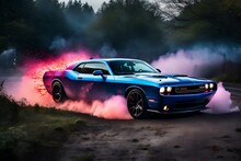 Car On The Road, Bright Vibrant, Gestural Abstraction Hyper-realistic Manga Paint Ink Splatter Spatter, Close Up Dodge Challenger Being Chased By Zombies, Neon, Mist, Sparks, Fog, God Rays