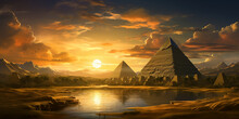 Egyptian Landscape With Ancient Pyramids, Desert At Sunset In Past, Fantasy View