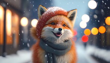 A Cute Smiling Fox In A Knitted Hat And Sweater Rejoices Over The Snow Against The Background Of A Winter Street With Colored Lights.Generative AI