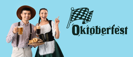 Banner for Oktoberfest celebration with young couple in traditional German clothes, with mugs of beer and snacks