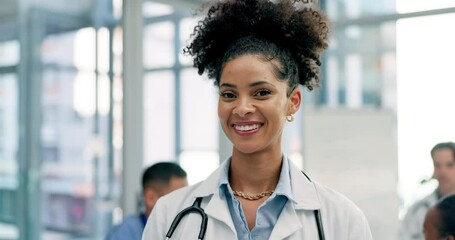 Poster - Happy woman, doctor and healthcare leadership in meeting, teamwork or planning at hospital. Portrait of confident female person, nurse or medical professional in health or team management at clinic