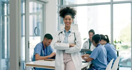 Poster - Happy woman, doctor and leadership in meeting, teamwork or planning surgery at the hospital. Portrait of confident female person, nurse or medical professional in health or team management at clinic