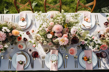 Country Tablescape, Formal Dinner Table Setting, Table Scape With Strawberry Decoration For Wedding Party And Holiday Event Celebration, Generative Ai