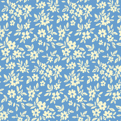 Wall Mural - Seamless floral pattern, liberty ditsy print with pretty sketch botany. Artistic botanical design: small hand drawn white flowers, tiny leaves on a blue background. Vector illustration in two colors.