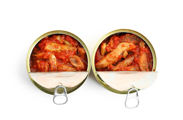 Wall Mural - Opened tin cans with fish in tomato sauce isolated on white background