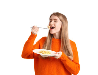 Wall Mural - Young woman eating tasty pasta on white background