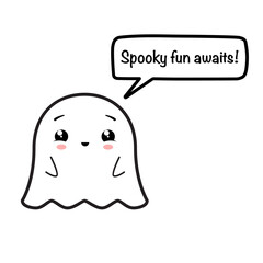 Wall Mural - Cute friendly ghost and speech bubble with text for Halloween party - 