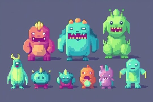 Set of cute cartoon Monsters in Pixel Art style.
