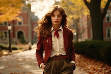 Portrait Of A Woman/model/book Character Standing At An Old Ivy League Campus In Preppy Clothes Fashion/beauty Editorial Magazine Style Film Photography Look  - Generative Ai Art