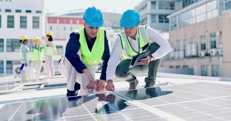 Poster - Solar panels, men and engineering discussion with tablet for planning city construction. Electrician, collaboration and team with digital technology at power grid, photovoltaic system and inspection