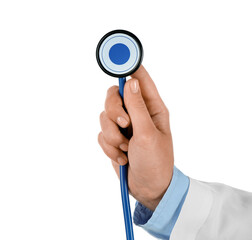 Wall Mural - Female doctor hand holding stethoscope on white background