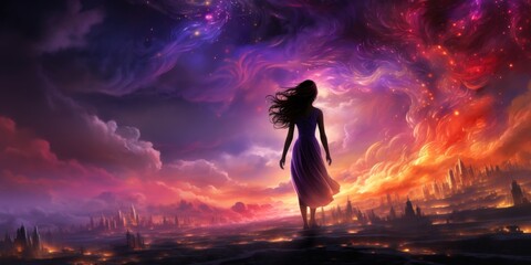 Canvas Print - A woman in a long dress standing in front of a colorful sky. Generative AI image.