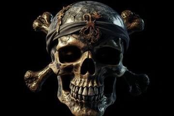 Wall Mural - skull and crossbones, Skull and Crossbones: Frontal Skull with Crossed Bones in Pirate Style on a Black Background